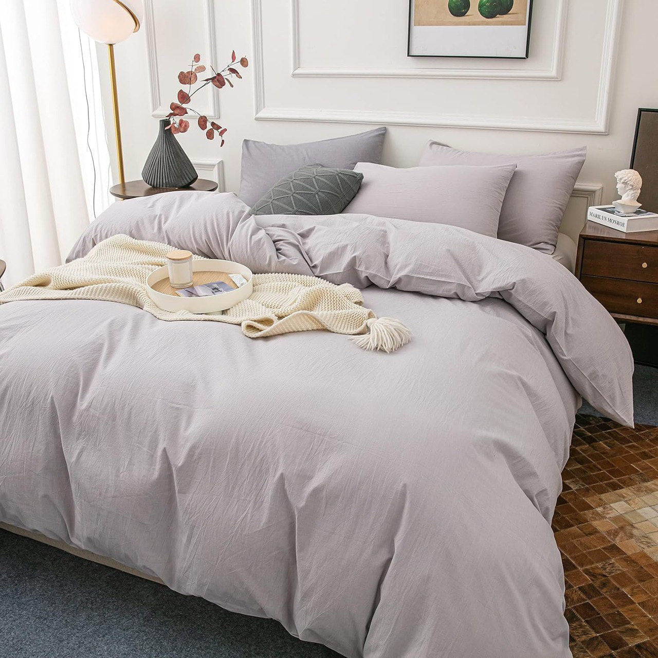 Housse Couette Gris Moyen + Taies d'oreillers Offerts  -Doux & Antiallergique -