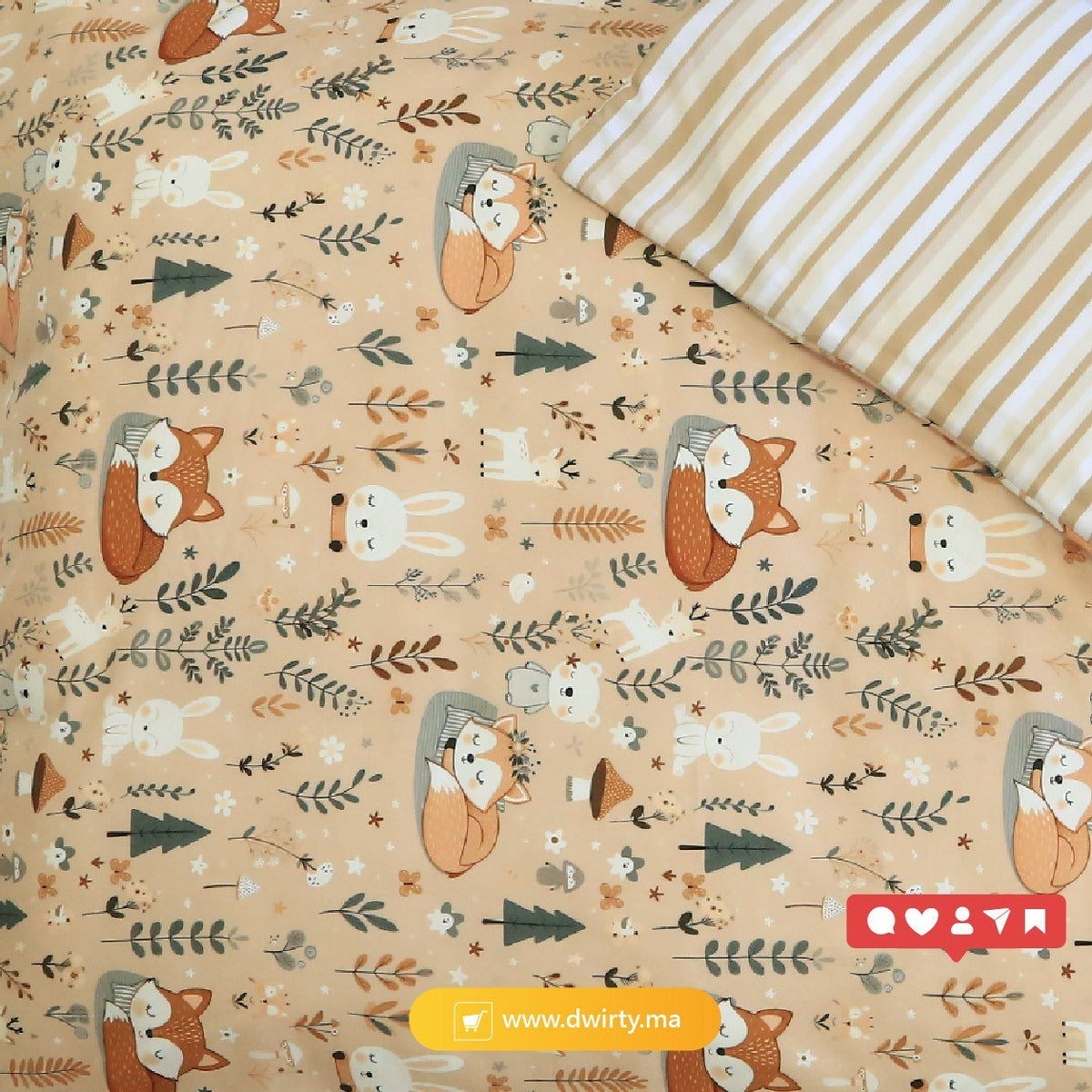 🍄 Housse de Couette Bébé Premium Double Face "Sommeil Renardé"" (Housse -115x130cm- + 1 TO -30x50 cm-) - Un Luxe pour Votre Bébé 🍄// Collection 'Berçeaux de Rêves' ! ✨ - Couette & Housse de Couette Dwirty Maroc