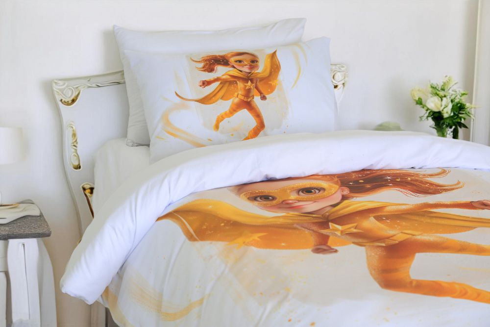Housse de couette Fille "Aura d'Or" + 1TO - 1 Place (160x220 cm) - Collection "Galaxie des Héros" - Couette & Housse de Couette Dwirty Maroc