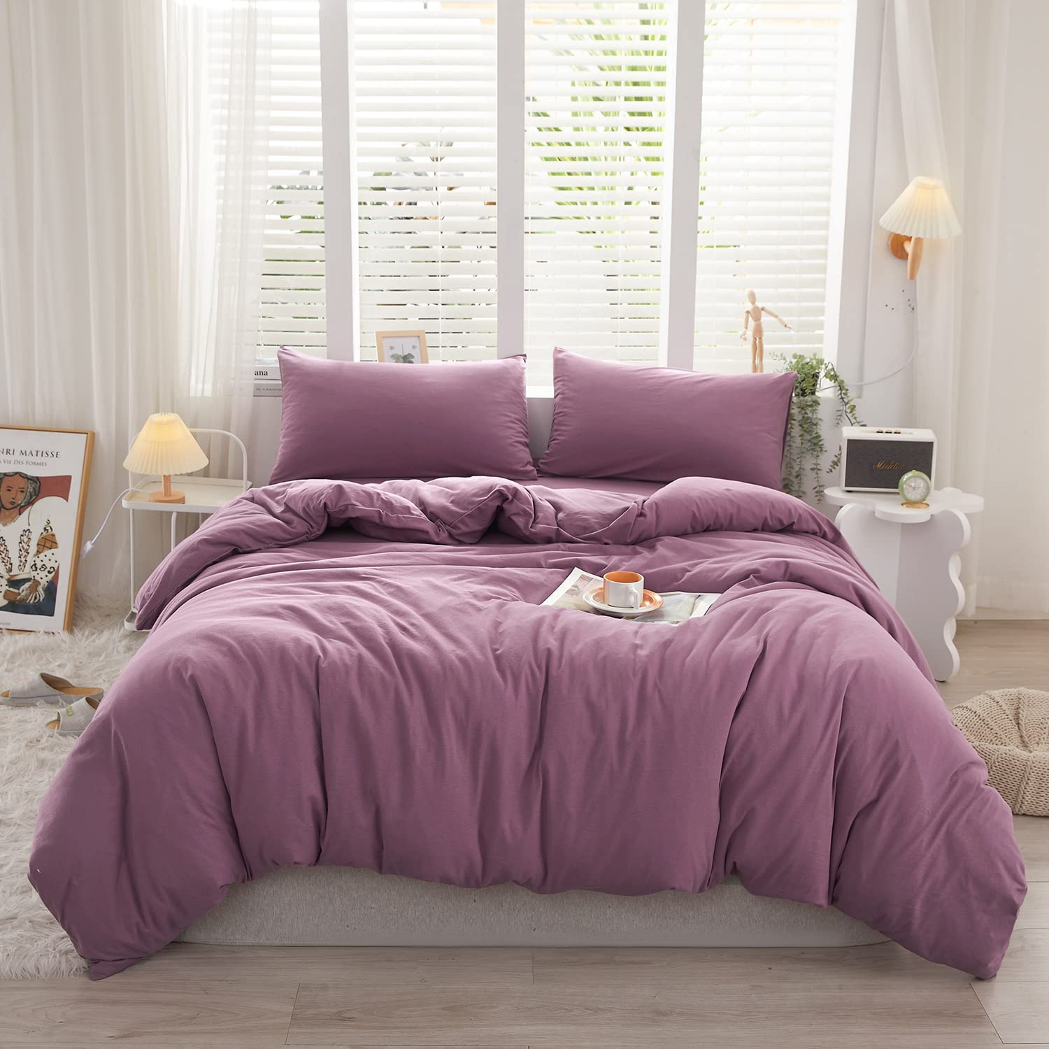 Housse Couette violet Valerian+ Taies d'oreillers Offerts  -Doux & Antiallergique -