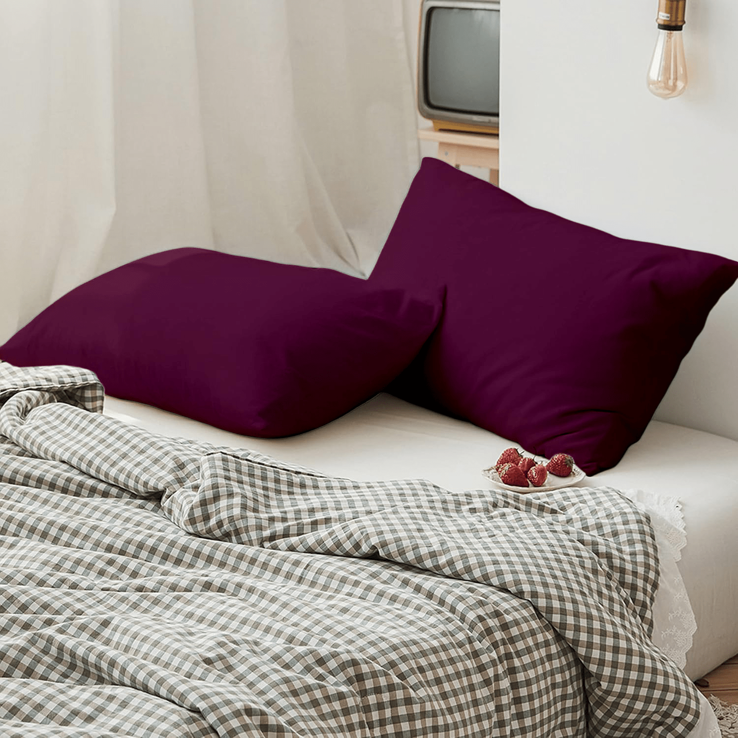 2 Taies d'oreiller Uni Aubergine 50 x70 cm // Doux & Antiallérgique - Taies et protections d'oreiller Dwirty Maroc