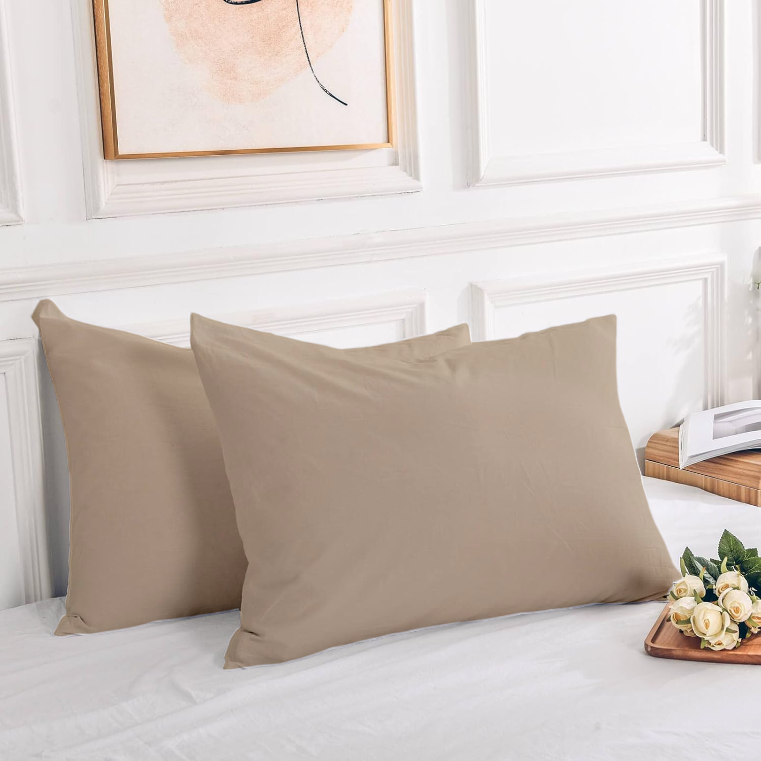 2 Taies d'oreiller Uni Beige Sable 50 x70 cm // Doux & Antiallérgique