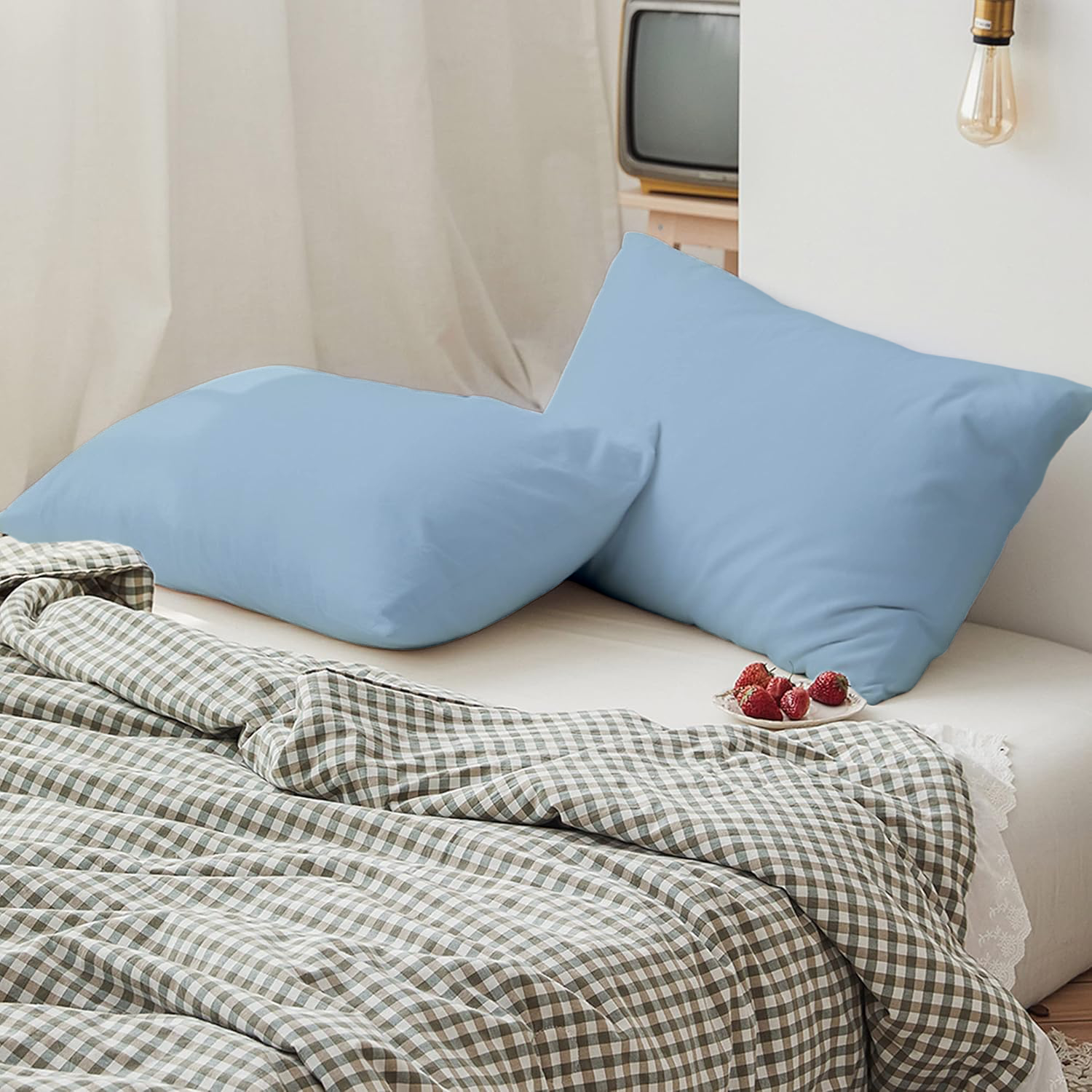 2 Taies d'oreiller Uni Bleu Glacier 50x70cm // Doux & Antiallergique