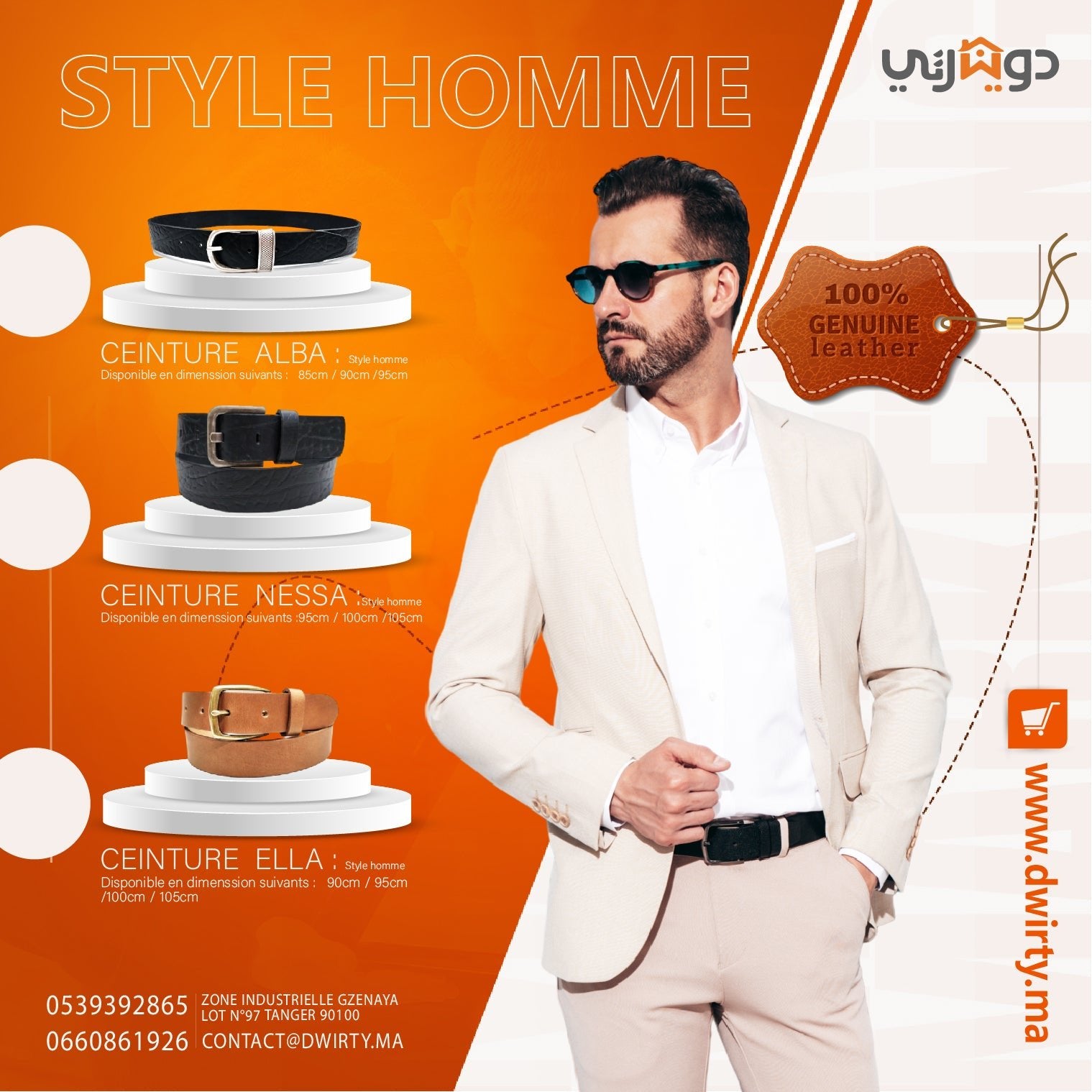 Ceinture en 100% Cuir Homme - Ceinture Dwirty Maroc