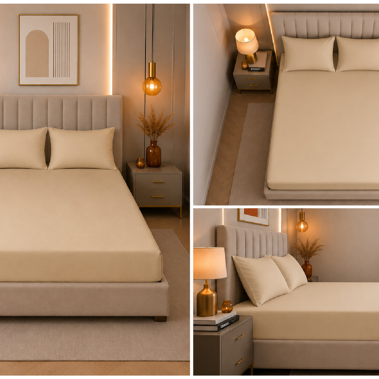 Set de drap Beige  (Drap housse + 2 Taies d'oreiller)  - Douceur Absolue