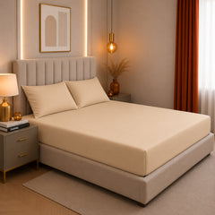 Set de drap Beige  (Drap housse + 2 Taies d'oreiller)  - Douceur Absolue