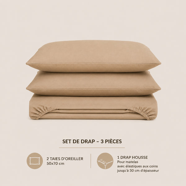 Set de drap Beige  (Drap housse + 2 Taies d'oreiller)  - Douceur Absolue