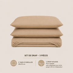 Set de drap Beige  (Drap housse + 2 Taies d'oreiller)  - Douceur Absolue