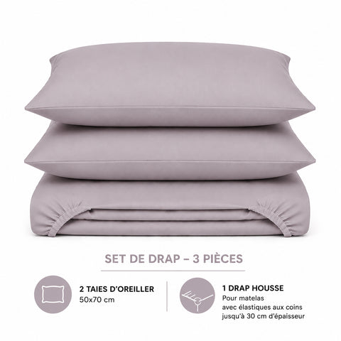Set de drap Gris (Drap housse + 2 Taies d'oreiller)  - Douceur Absolue
