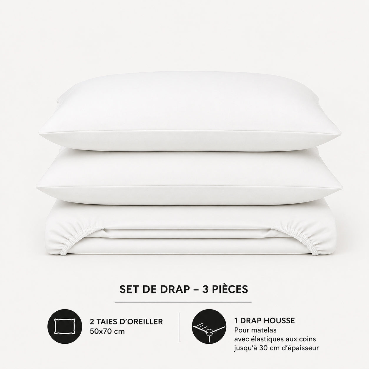 Set de drap uni Blanc  (Drap housse + 2 Taies d'oreiller)  - Douceur Absolue