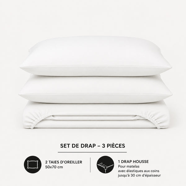 Set de drap uni Blanc  (Drap housse + 2 Taies d'oreiller)  - Douceur Absolue