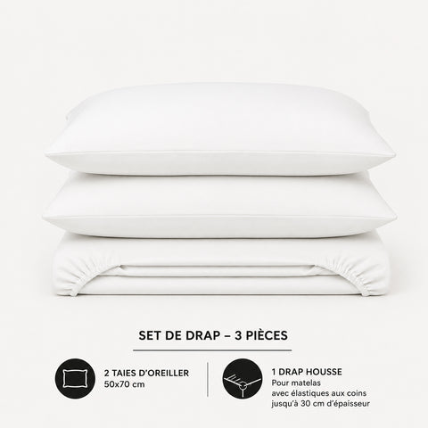Set de drap uni Blanc  (Drap housse + 2 Taies d'oreiller)  - Douceur Absolue