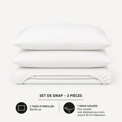 Set de drap uni Blanc  (Drap housse + 2 Taies d'oreiller)  - Douceur Absolue