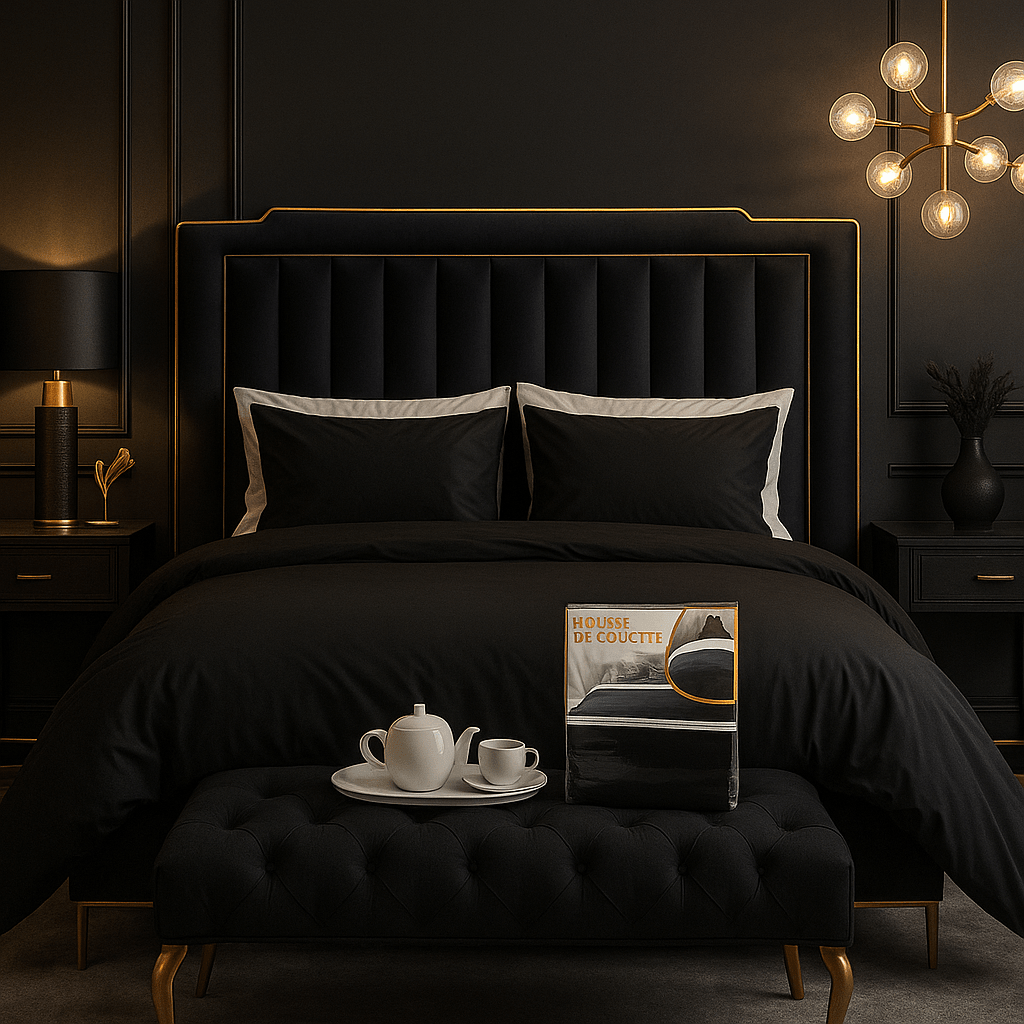 Housse Couette Noir Élégance + Taies d'oreillers Offertes // Doux & Antiallergique - Couette & Housse de Couette Dwirty Maroc