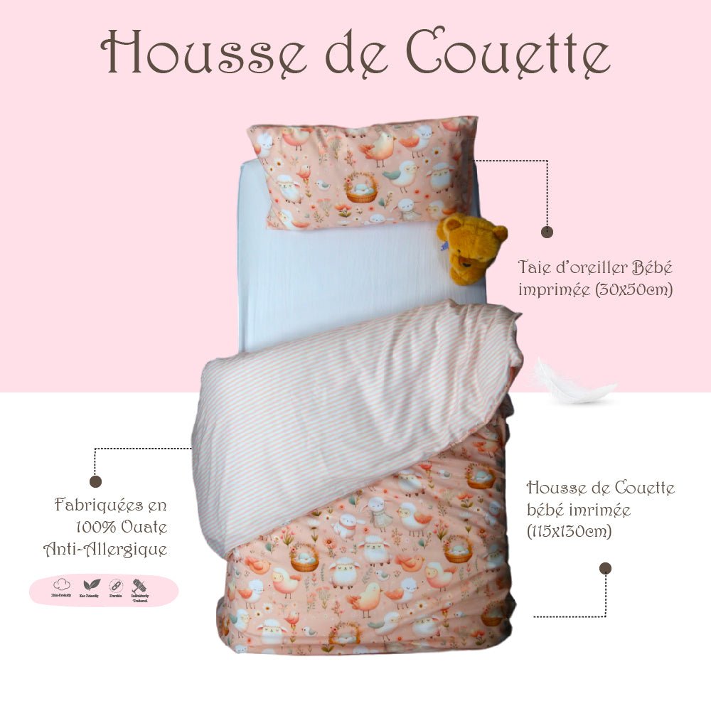 🍄 Housse de Couette Bébé Premium Double Face "Complices Fleuris" (Housse - 115x130cm - + 1 TO - 30x50 cm - ) - Un Luxe pour Votre Bébé 🍄// Collection 'Berçeaux de Rêves' ! - Couette & Housse de Couette Dwirty Maroc