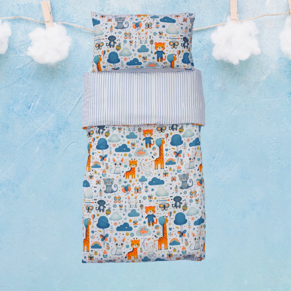 🍄 Housse de Couette Bébé Premium Double Face "Jungle en Fête" (Housse - 115x130cm - + 1 TO - 30x50 cm - ) - Un Luxe pour Votre Bébé 🍄// Collection 'Berçeaux de Rêves' ! ✨ - Couette & Housse de Couette Dwirty Maroc