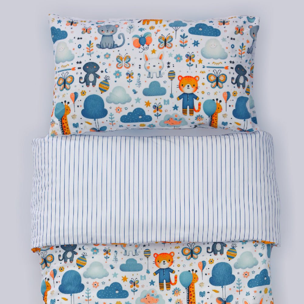 🍄 Housse de Couette Bébé Premium Double Face "Jungle en Fête" (Housse - 115x130cm - + 1 TO - 30x50 cm - ) - Un Luxe pour Votre Bébé 🍄// Collection 'Berçeaux de Rêves' ! ✨ - Couette & Housse de Couette Dwirty Maroc