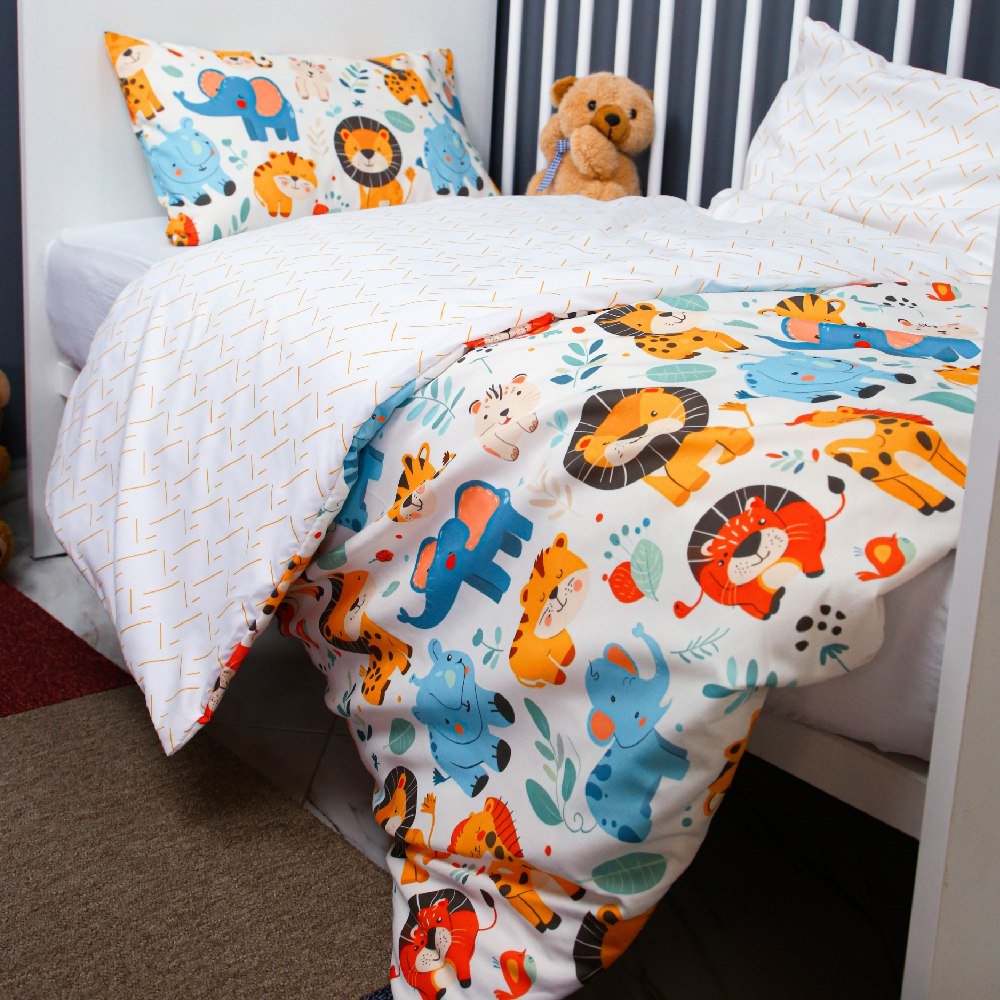 🍄 Housse de Couette Bébé Premium Double Face "Jungle Joyeuse" (Housse - 115x130cm - + 1 TO - 30x50 cm - ) - Un Luxe pour Votre Bébé 🍄// Collection 'Berçeaux de Rêves' ! ✨ - Couette & Housse de Couette Dwirty Maroc