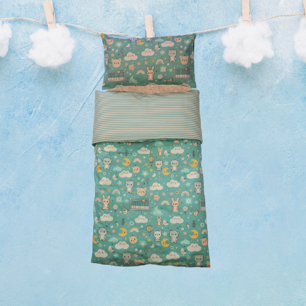 🍄 Housse de Couette Bébé Premium Double Face "Pas d'Ourson" (Housse -115x130cm- + 1 TO -30x50 cm-) - Un Luxe pour Votre Bébé 🍄// Collection 'Berçeaux de Rêves' ! ✨ - Couette & Housse de Couette Dwirty Maroc