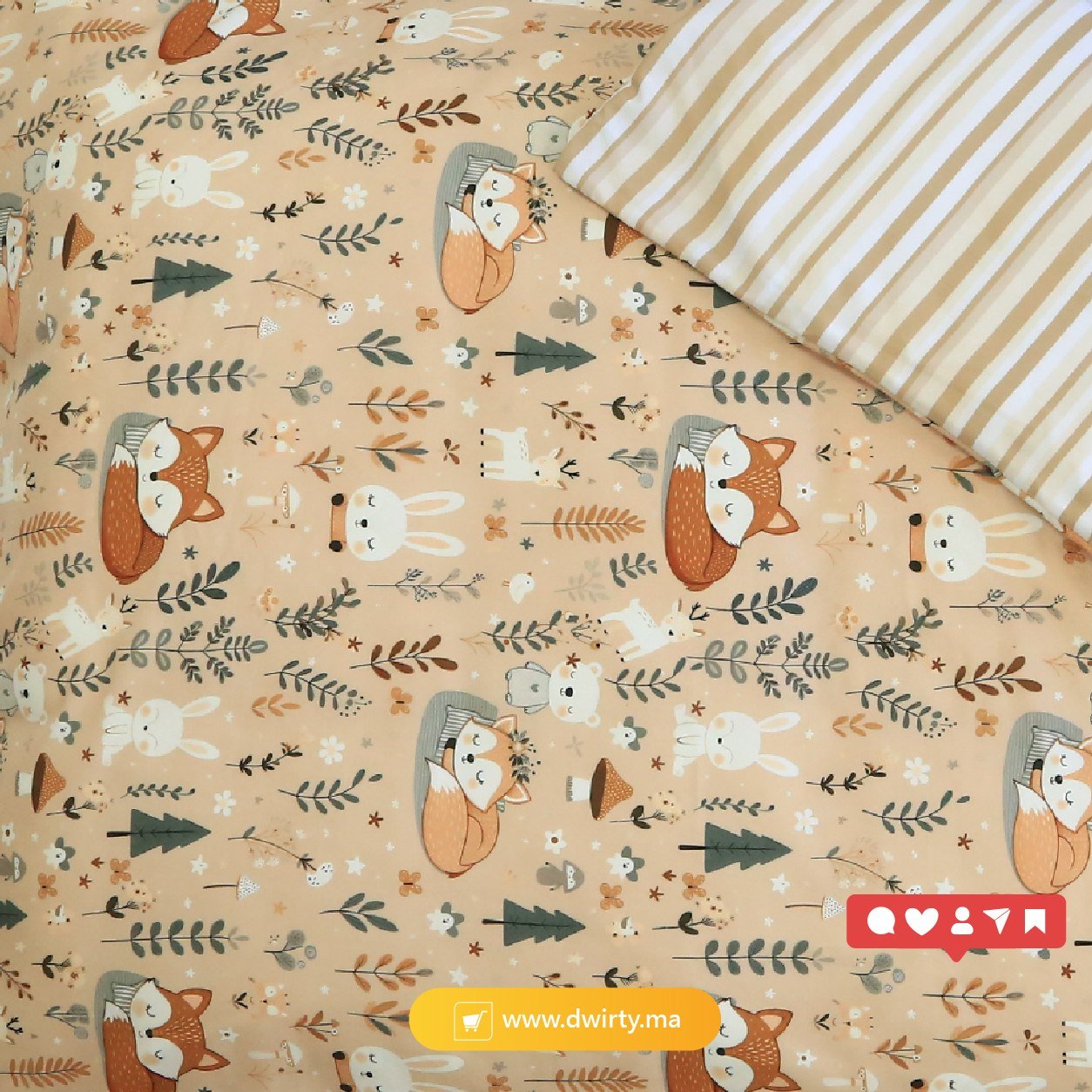 🍄 Housse de Couette Bébé Premium Double Face "Sommeil Renardé"" (Housse -115x130cm- + 1 TO -30x50 cm-) - Un Luxe pour Votre Bébé 🍄// Collection 'Berçeaux de Rêves' ! ✨ - Couette & Housse de Couette Dwirty Maroc