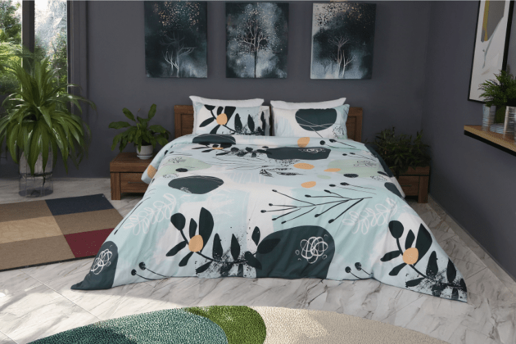 Housse de Couette Double Face "Feuillage Enchanté" - Doux & Antiallergique + Taie d'oreiller Offert - Couette & Housse de Couette Dwirty Maroc