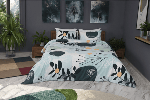 Housse de Couette Double Face "Feuillage Enchanté" - Doux & Antiallergique + Taie d'oreiller Offert - Couette & Housse de Couette Dwirty Maroc