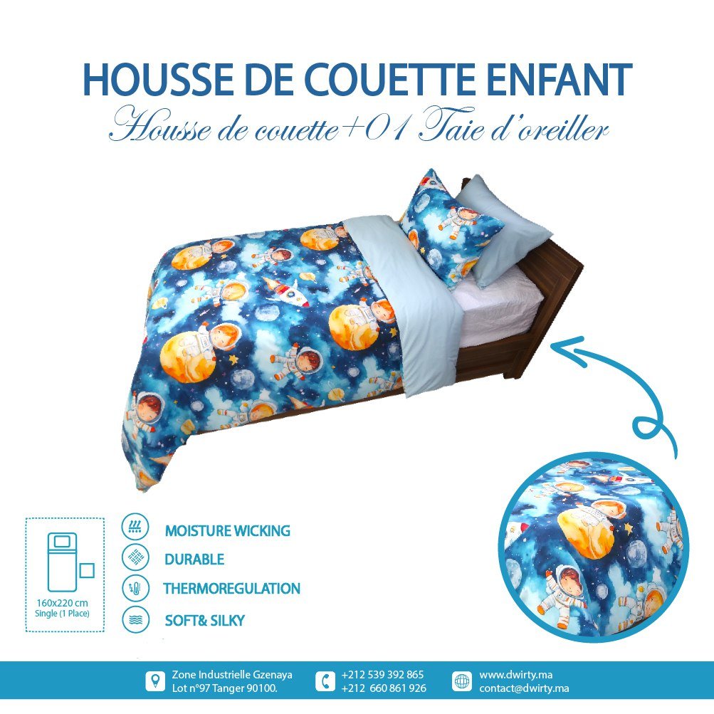 🛏️ Housse de Couette Enfant Ciel & Cosmos – Réversible une place 160x220 cm - Couette & Housse de Couette Dwirty Maroc
