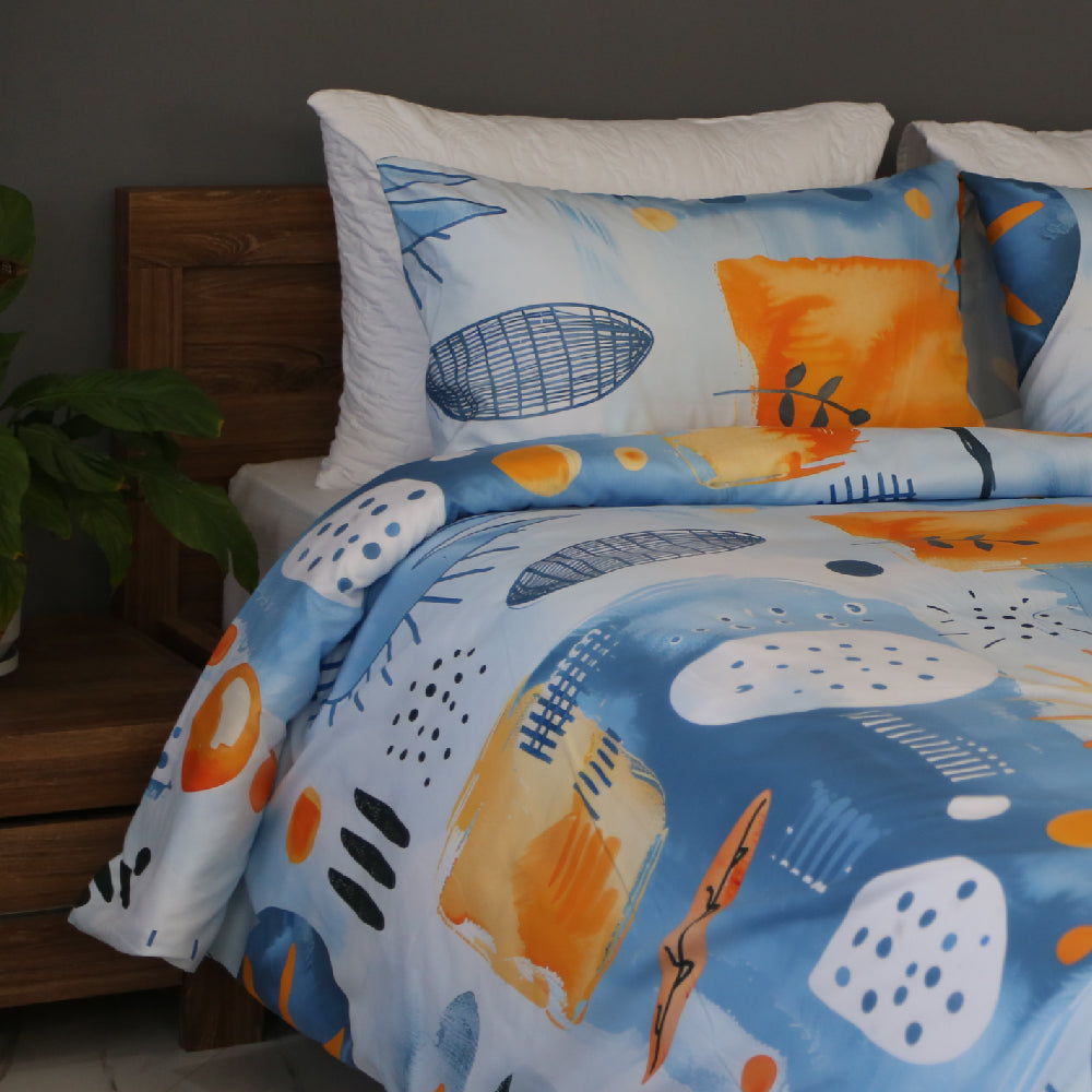 Housse de Couette Double Face "Onde Aquatique"  -Doux & Antiallergique + Taie d'oreiller Offert