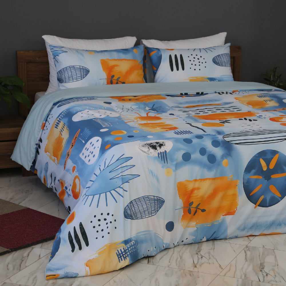 Housse de Couette Double Face "Onde Aquatique"  -Doux & Antiallergique + Taie d'oreiller Offert