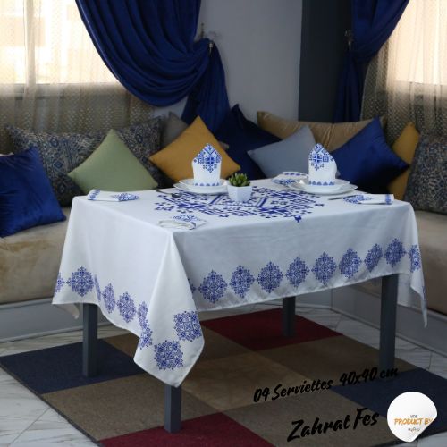 Nappe "Zahrat Fès" de la Collection "Touches de Fès Luxueuses" - Bleu - Nappe de Table Dwirty Maroc