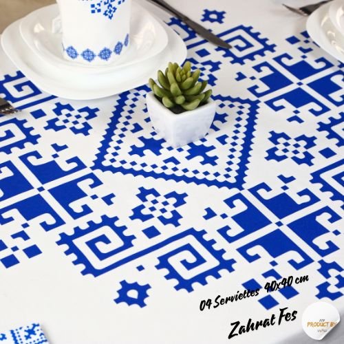 Nappe "Zahrat Fès" de la Collection "Touches de Fès Luxueuses" - Bleu - Nappe de Table Dwirty Maroc