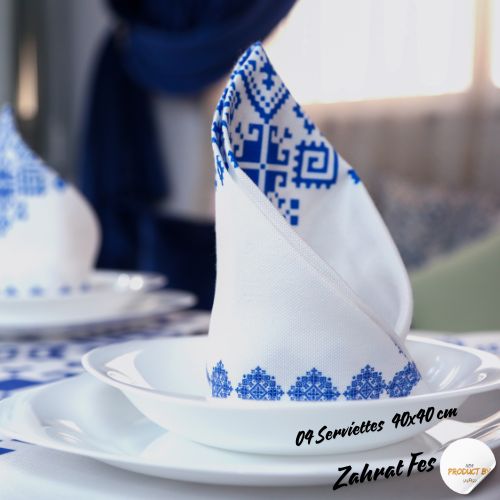 Nappe "Zahrat Fès" de la Collection "Touches de Fès Luxueuses" - Bleu - Nappe de Table Dwirty Maroc