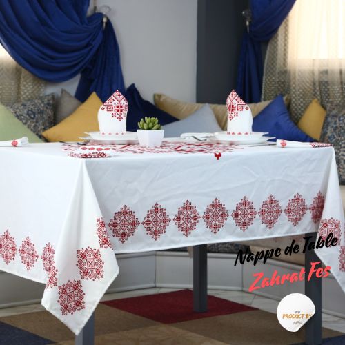 Nappe "Zahrat Fès" de la Collection "Touches de Fès Luxueuses" - Rouge - Nappe de Table Dwirty Maroc
