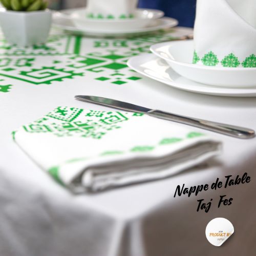 Nappe "Zahrat Fès" de la Collection "Touches de Fès Luxueuses" - Vert - Nappe de Table Dwirty Maroc