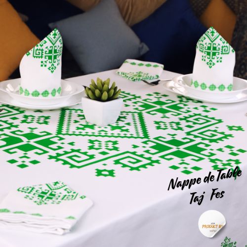 Nappe "Zahrat Fès" de la Collection "Touches de Fès Luxueuses" - Vert - Nappe de Table Dwirty Maroc