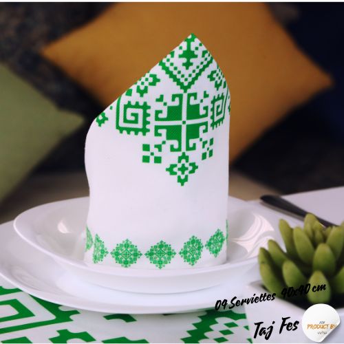 Nappe "Zahrat Fès" de la Collection "Touches de Fès Luxueuses" - Vert - Nappe de Table Dwirty Maroc