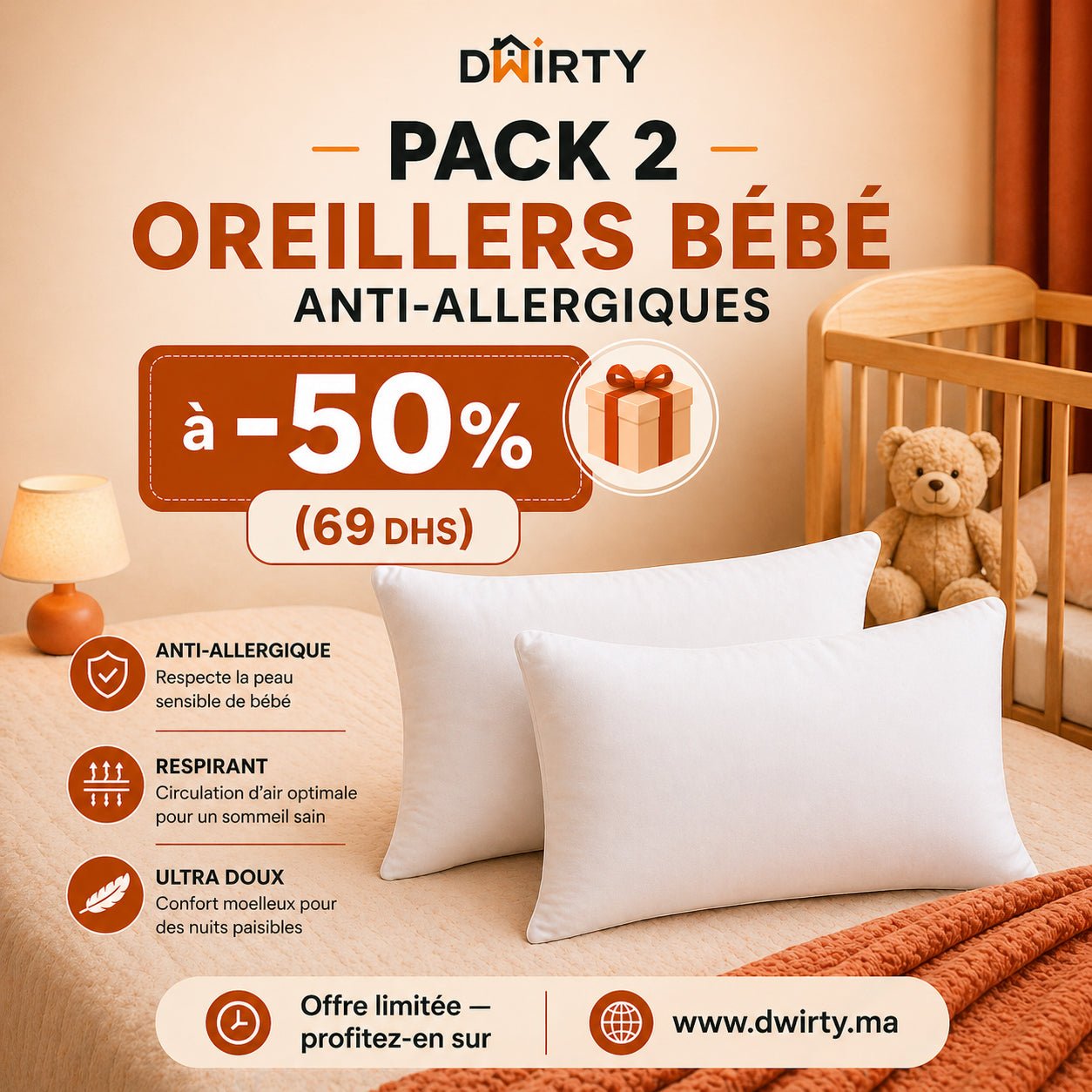 Oreiller Bébé – Blanc (30x50 cm) // Anti - Allergique & Anti - Acariens - Un acheté le 2éme est offert - Taies et protections d'oreiller Dwirty Maroc