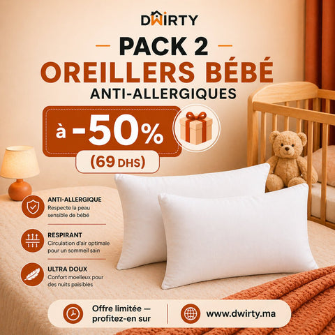Oreiller Bébé – Blanc (30x50 cm) // Anti - Allergique & Anti - Acariens - Un acheté le 2éme est offert - Taies et protections d'oreiller Dwirty Maroc