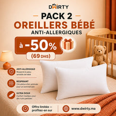 Oreiller Bébé – Blanc (30x50 cm) // Anti - Allergique & Anti - Acariens - Un acheté le 2éme est offert - Taies et protections d'oreiller Dwirty Maroc