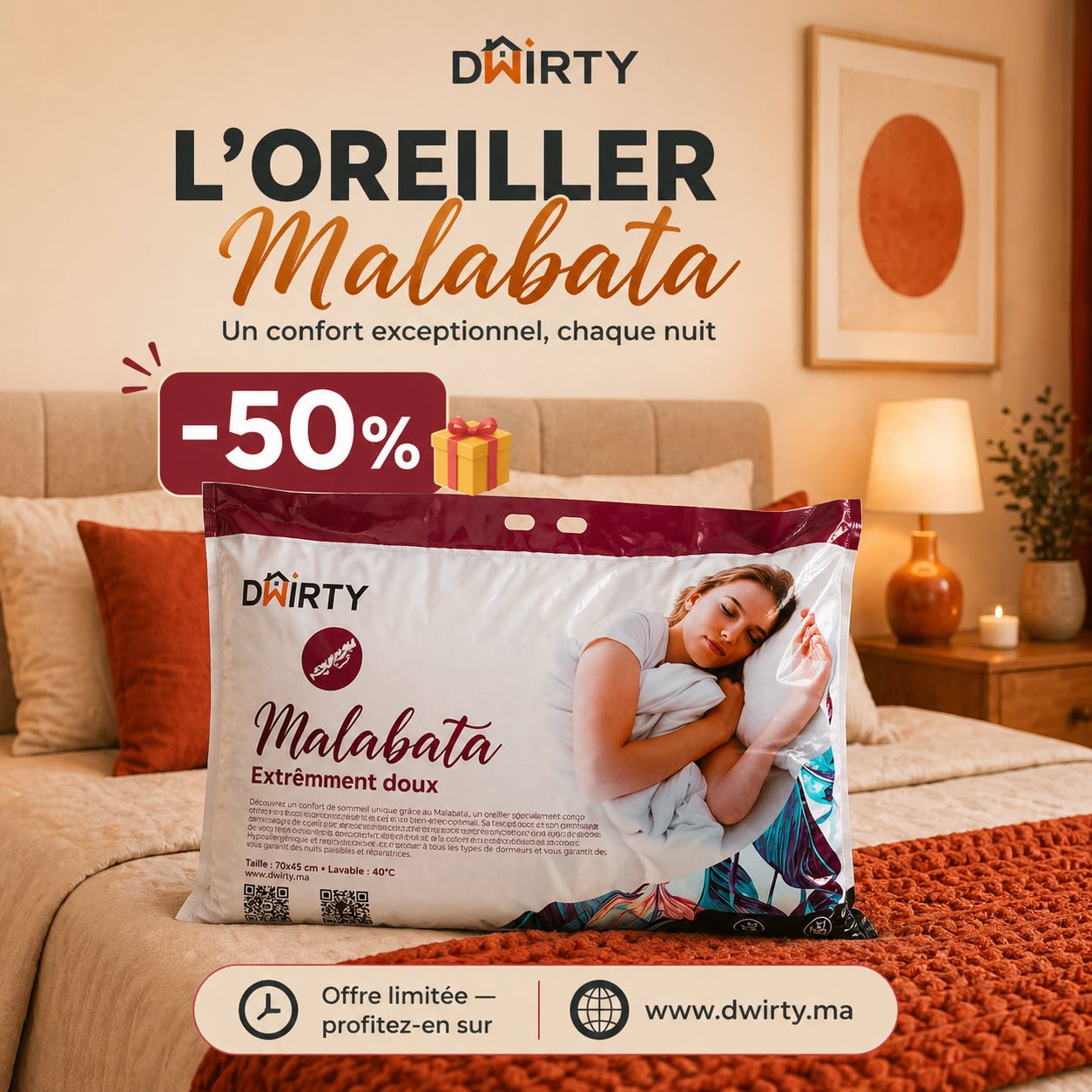 Oreiller Malabata avec Lavande Naturelle 45x70 cm : Plongez dans le sommeil ultime avec notre - oreiller Dwirty Maroc