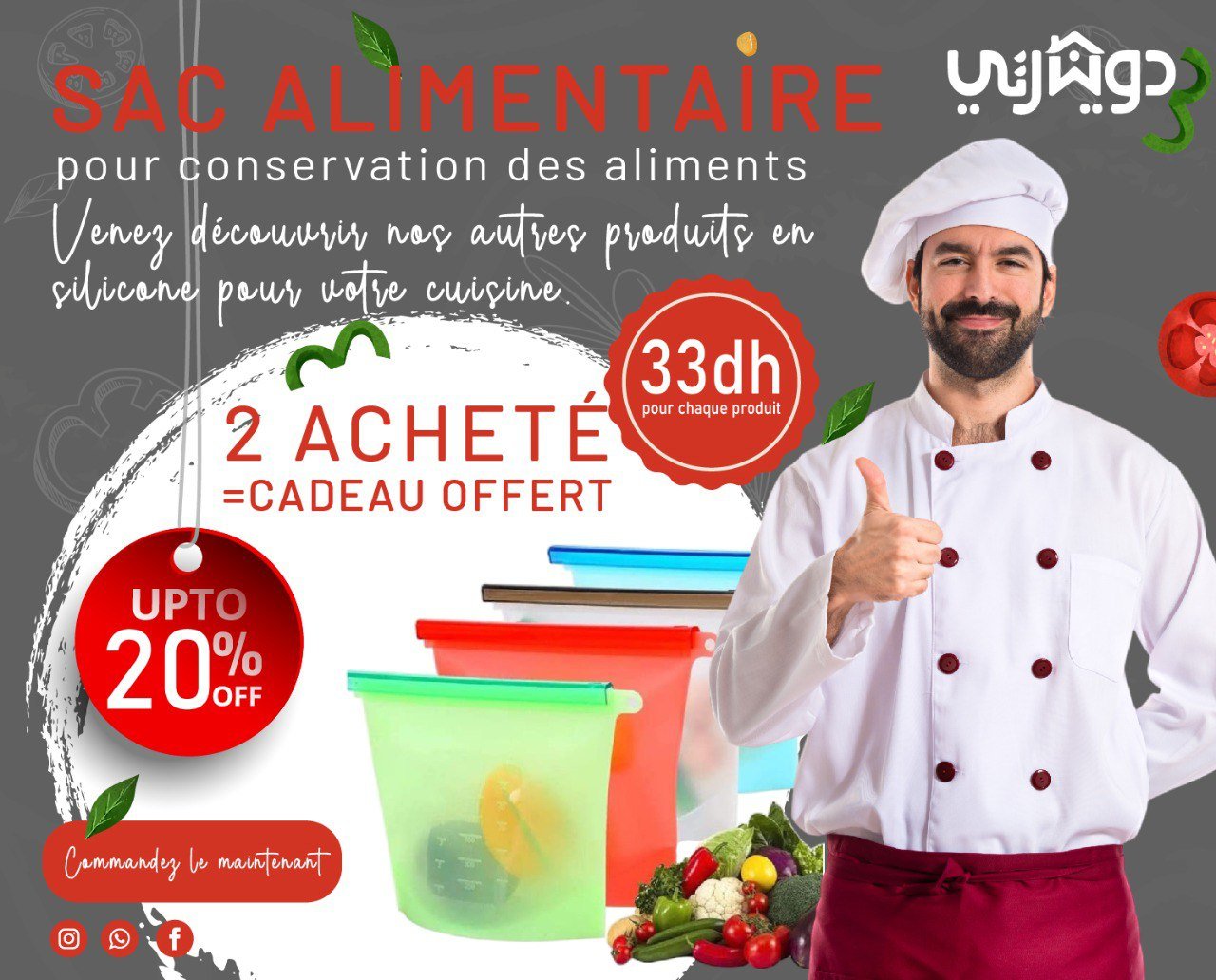 Pack 2 Sacs 1 L Conservation Alimentaire Achetez = 3 Couvercles Offerts - Silicone - Sac Alimentaire en Silicone Dwirty Maroc