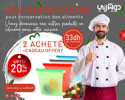 Pack 2 Sacs 1 L Conservation Alimentaire Achetez = 3 Couvercles Offerts - Silicone - Sac Alimentaire en Silicone Dwirty Maroc