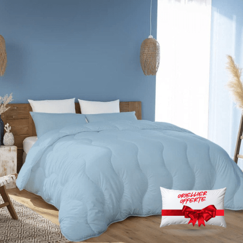 Pack Couette Kasbah Bleu Glacier Microfibre + Taie & 1 Oreiller Kasbah GRATUIT // Anti - Allergique & Chaude C°++ - Couette & Housse de Couette Dwirty Maroc