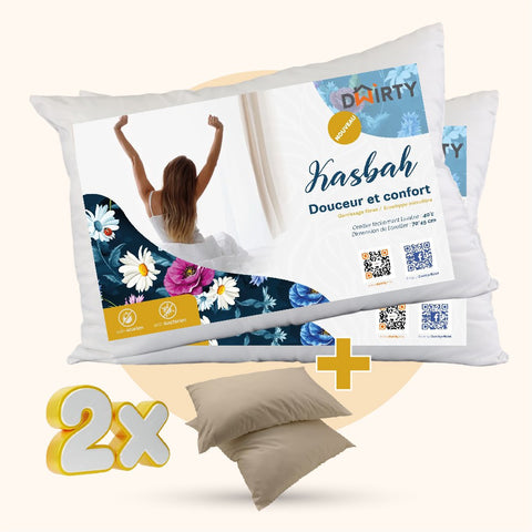 Pack 2 Oreiller Ferme Synthétique KASBAH = 2 Taies d'oreiller Beige Sable offertes  // Doux & Antiallérgique