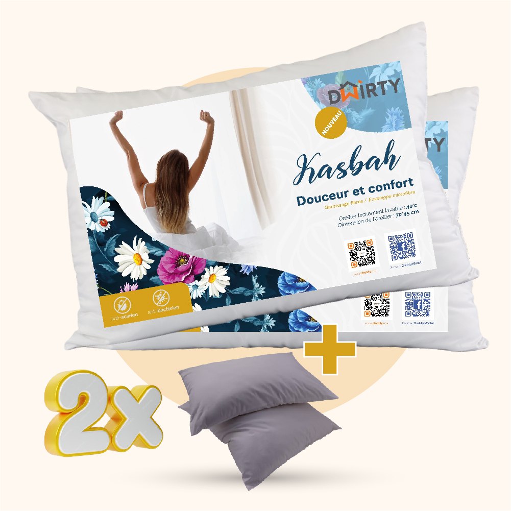 Pack 2 Oreiller Ferme Synthétique KASBAH = 2 Taies d'oreiller offertes Gris Clair  // Doux & Antiallérgique