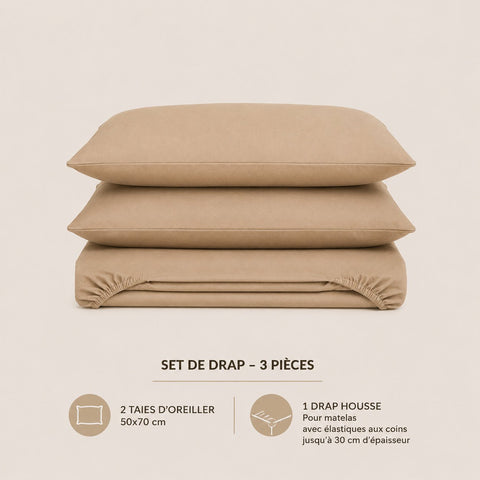 Set de drap Beige (Drap housse + 2 Taies d'oreiller) - Douceur Absolue - Dwirty Maroc