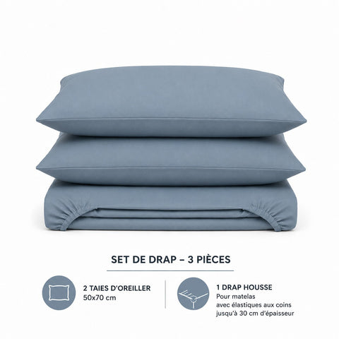Set de Drap Bleu (Drap Housse + TO 50x70 cm) - Doux & Antiallergique - drap housse Dwirty Maroc