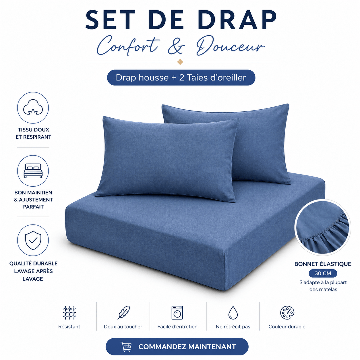 Set de Drap Bleu (Drap Housse + TO 50x70 cm) - Doux & Antiallergique - drap housse Dwirty Maroc