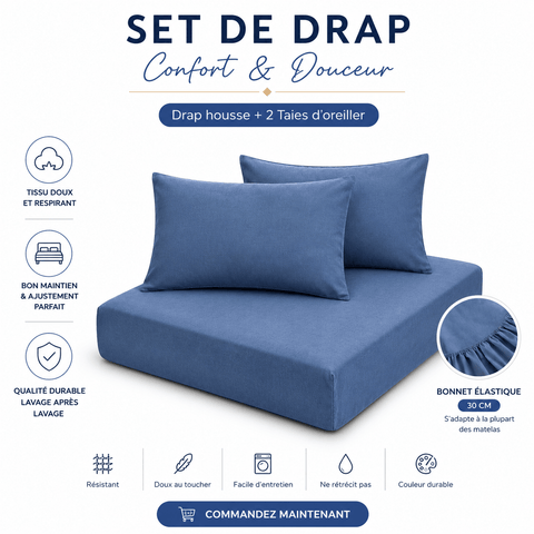 Set de Drap Bleu (Drap Housse + TO 50x70 cm) - Doux & Antiallergique - drap housse Dwirty Maroc