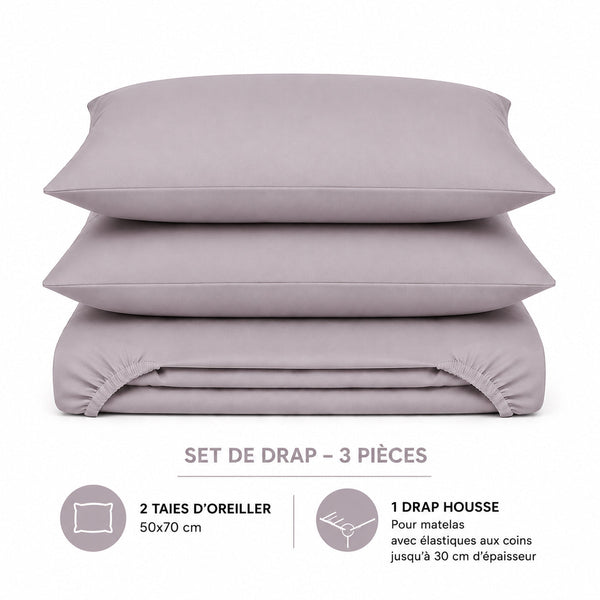 Set de drap Gris (Drap housse + 2 Taies d'oreiller) - Douceur Absolue - Dwirty Maroc